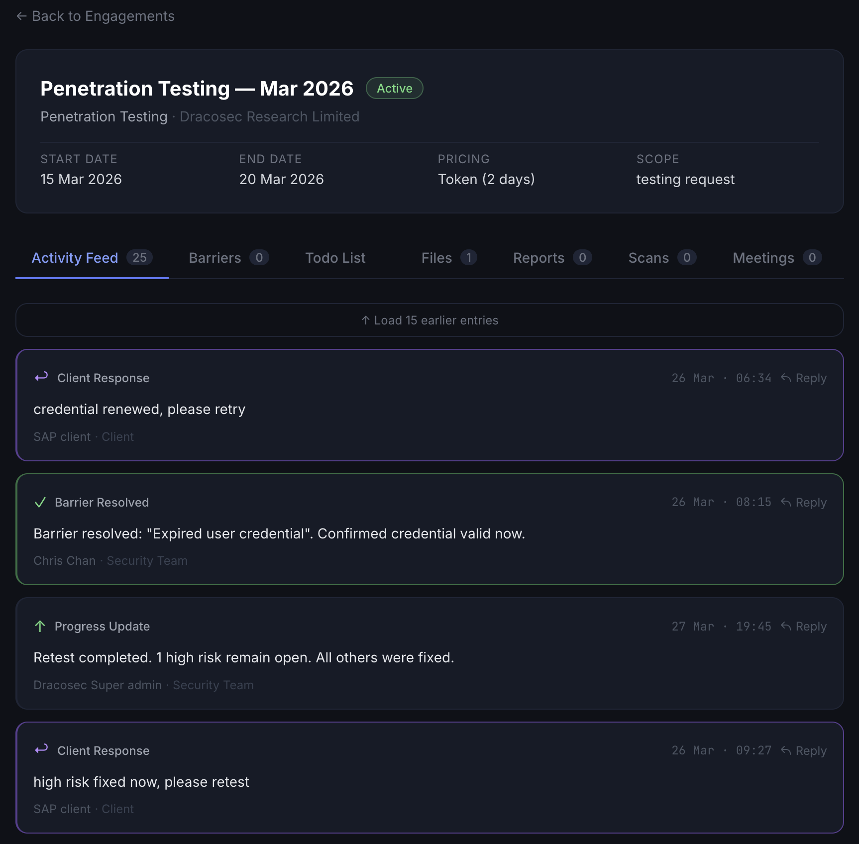 Engagement workspace — active penetration test with activity feed