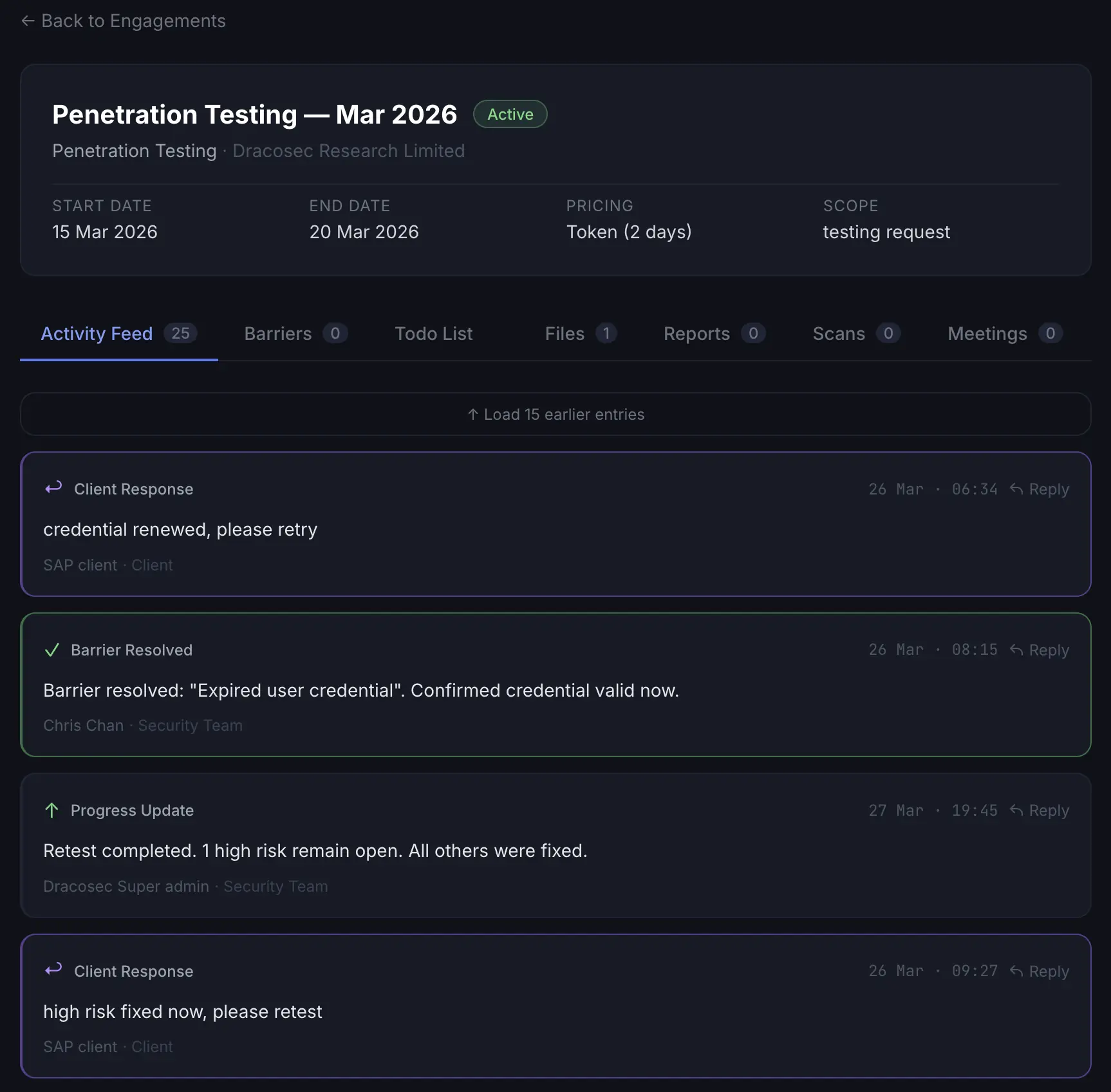 Engagement workspace — active penetration test with activity feed