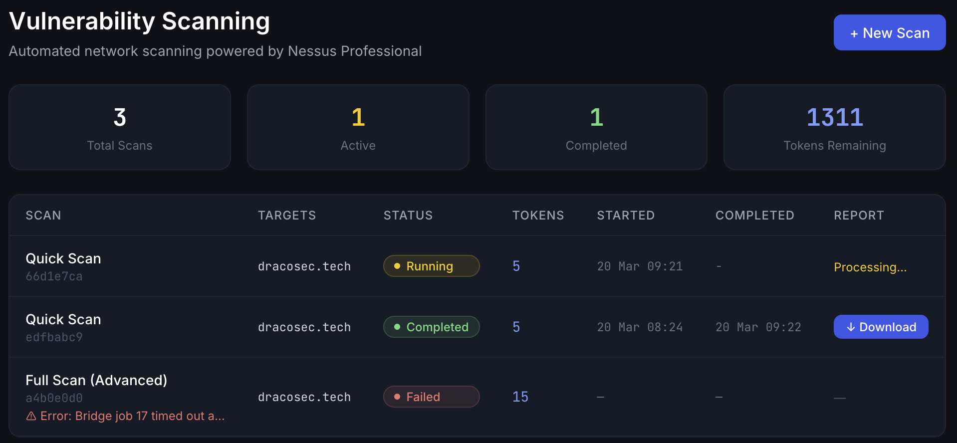 Vulnerability Scanning — self-service scan launcher with Nessus-powered profiles