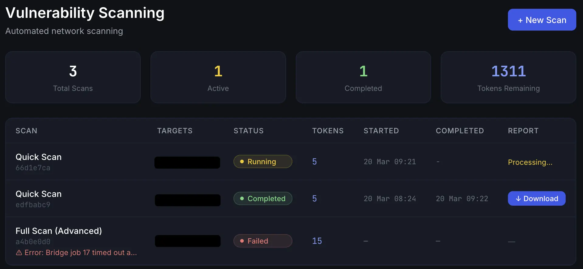 Vulnerability Scanning — self-service scan launcher with pre-defined profiles